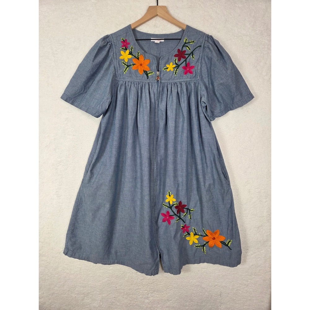 Go Softly Patio L Blue Cotton Chambray Floral Embroidered Zip Front Dress Boho